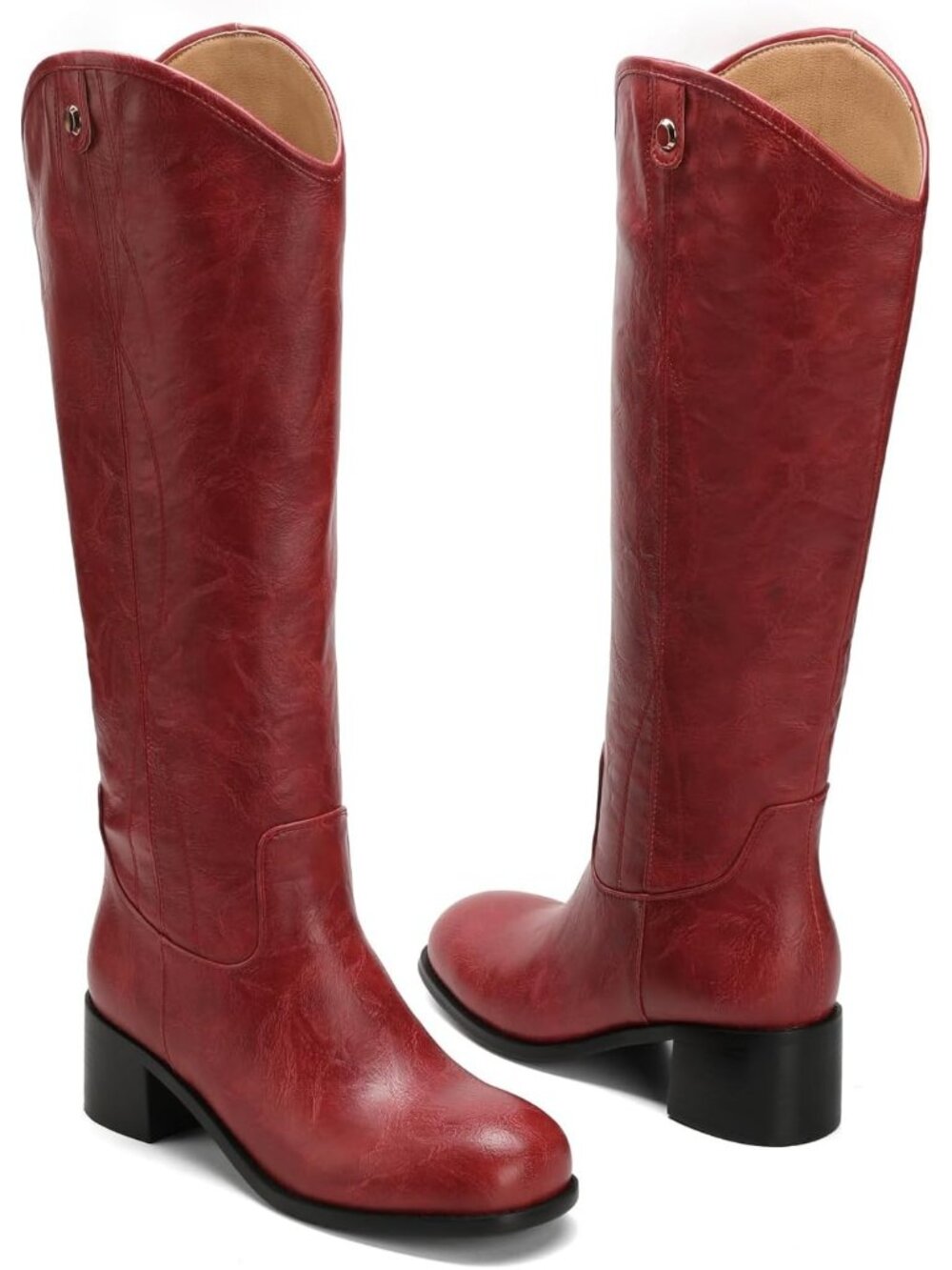 Women's Red Square Toe Chunky Block Heel Casual Campus Tall Boots Western - Picture 4 of 6
